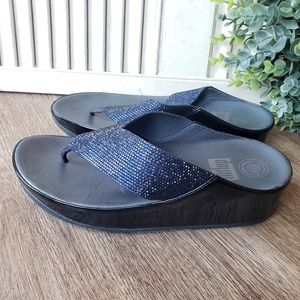 Fit Flop Lulu Crystal Toe Post Platform Sandal Navy Comfort Wedge Walkin…